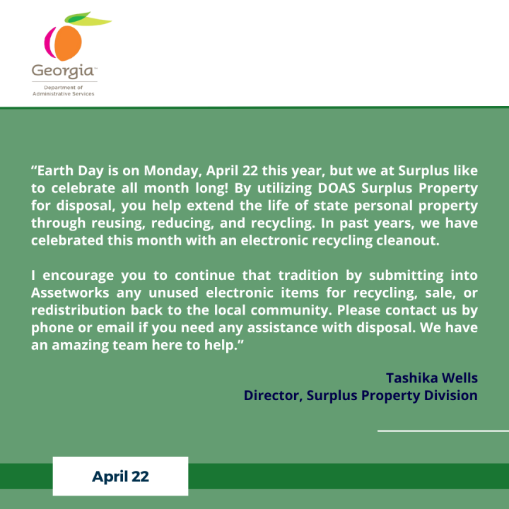 Image of Surplus Property Division&#039;s 2024 Earth Day message.