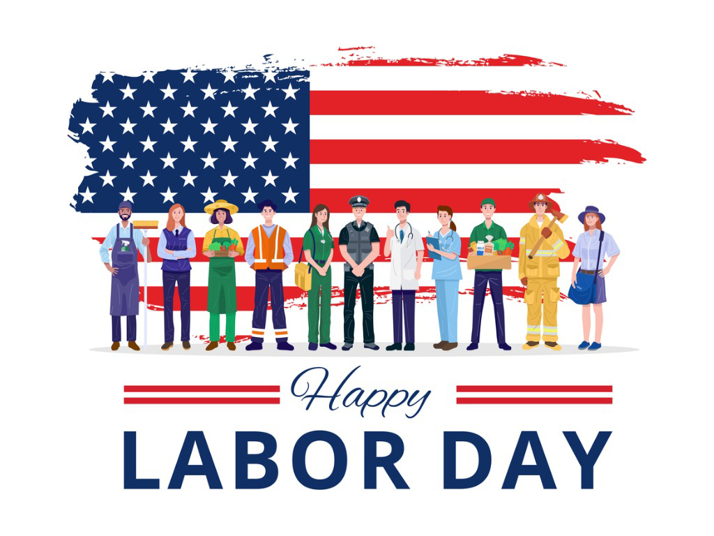 Image of a varied group of workers -- a janitor, a salesperson, a gardener, a construction worker, an EMT, a police officer, a doctor, a nurse, a grocery clerk, a firefighter, and a mail carrier -- in a row in front of a large American flag. The image is captioned, &quot;Happy Labor Day.&quot; 