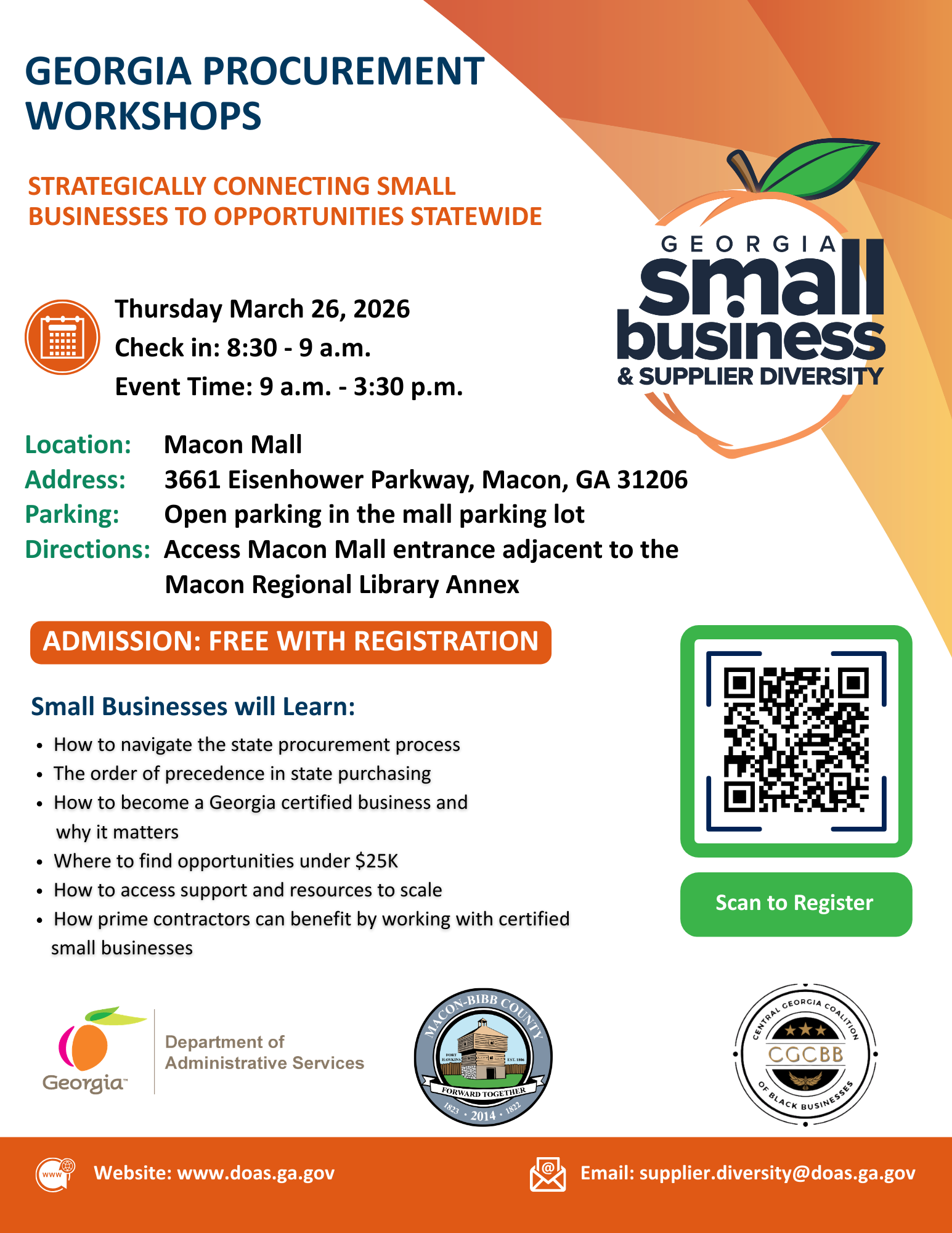 Georgia Procurement Workshops - Strategically Connecting Small Businesses to Opportunities Statewide Event Flyer