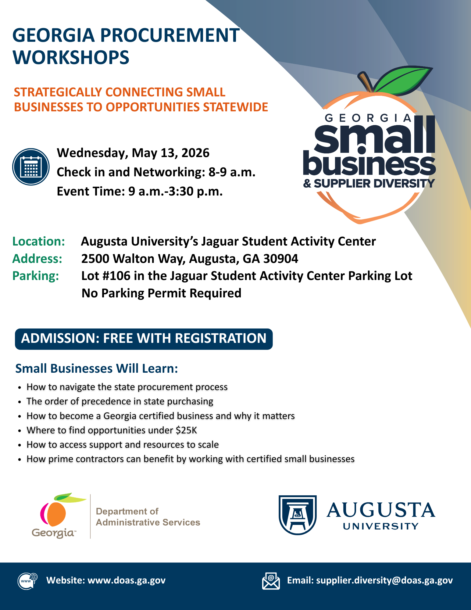 Georgia Procurement Workshops Flyer showing information about the upcoming May 13, 2026 event