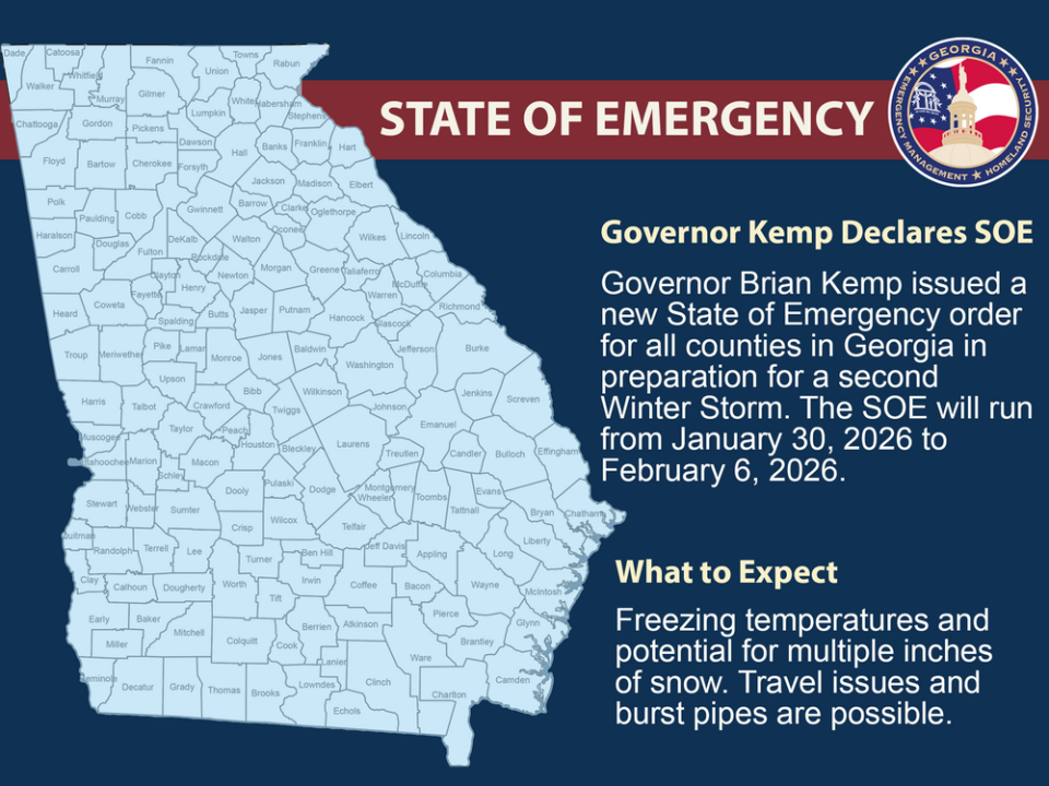Image graphic of Georgia, with counties outlined. Banner heading reads: "State of Emergency." Text states the state of emergency extends through February 6. Text also states to expect freezing temperatures and multiple inches of snow. Travel issues and burst pipes are possible.