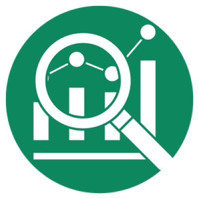Icon of a bar graph viewed through a magnifying glass. 