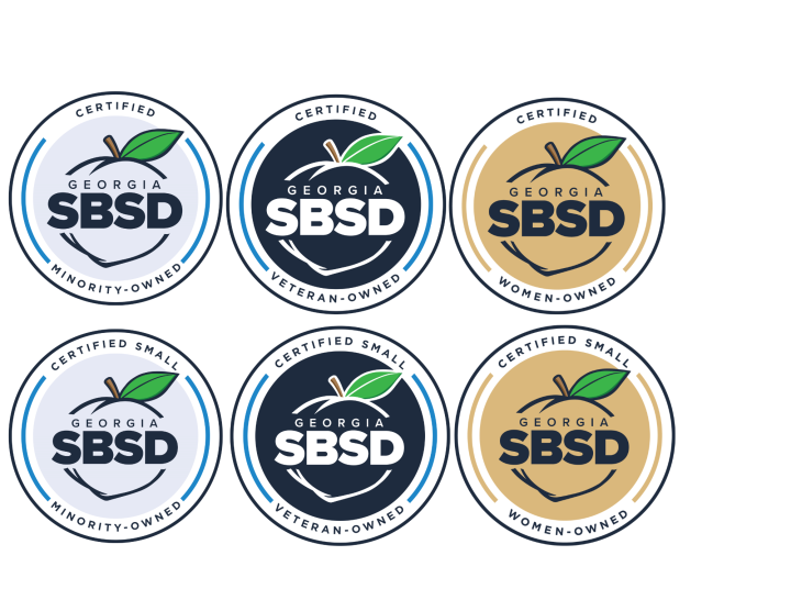 Six SBSD logos for Certified Georgia SBSD Initiative for Certified Minority Owned, Woman Owned and Veteran Owned businesses