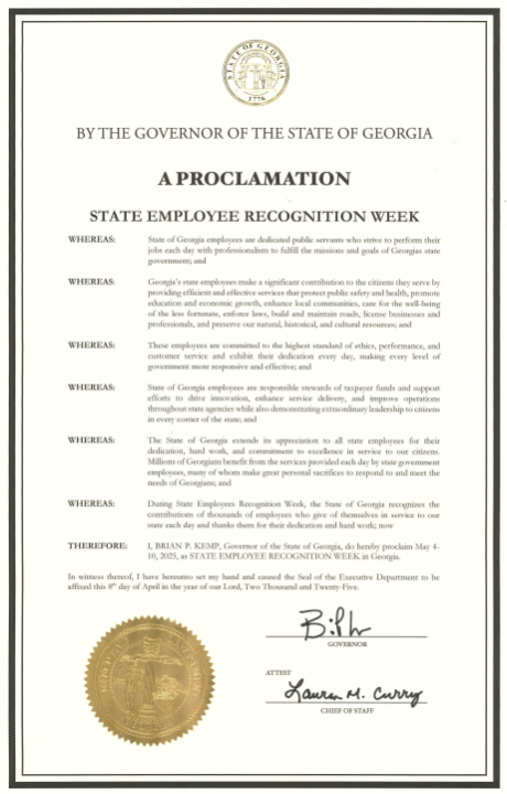 Image of a proclamation declaring May 4-10 State Employee Recognition Week in Georgia.
