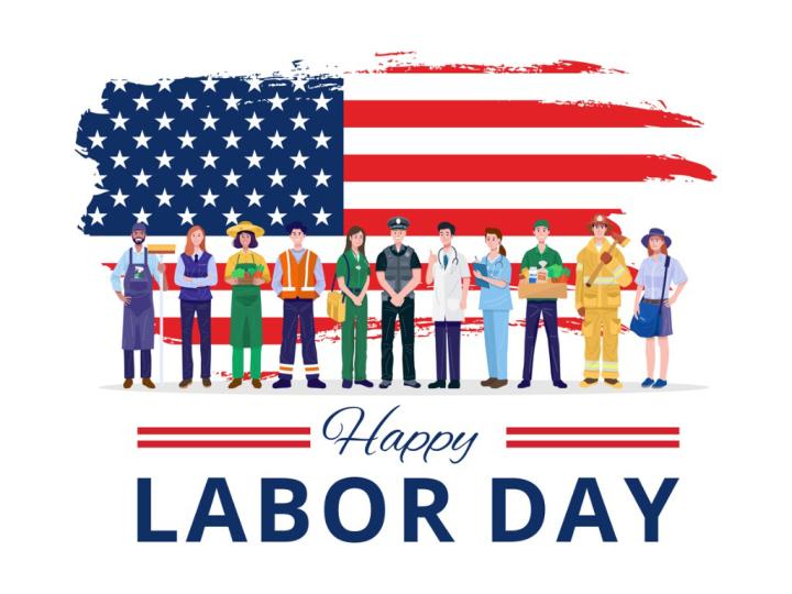 Image of a varied group of workers -- a janitor, a salesperson, a gardener, a construction worker, an EMT, a police officer, a doctor, a nurse, a grocery clerk, a firefighter, and a mail carrier -- in a row in front of a large American flag. The image is captioned, &quot;Happy Labor Day.&quot; 