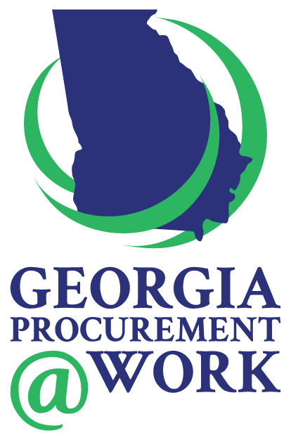 Icon of the state of Georgia in blue, surrounded by the green swirly arcs. Below are the words, "Georgia Procurement @ WORK."