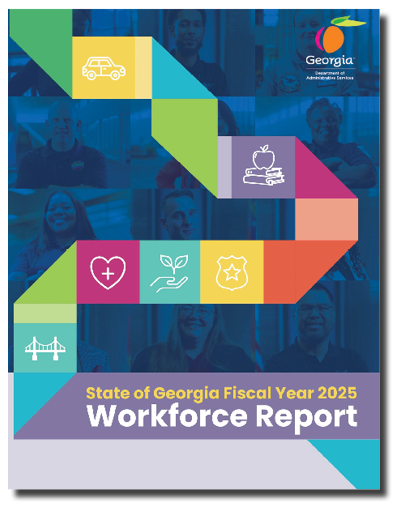 Image of the State of Georgia FY 2025 Workforce Report cover, which features a collage of images of people, shaded blue, along with a ribbon composed of colorful work-related icons.
