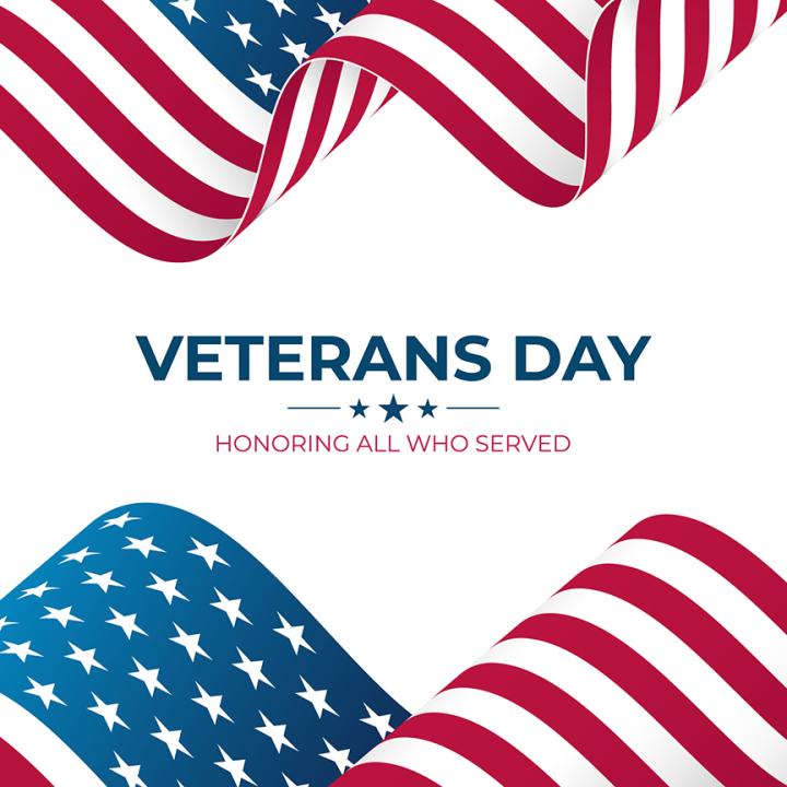 An illustration with waving American flags at top and bottom. In the center, on a white background, are the words &quot;Veterans Day&quot; and &quot;Honoring All Who Served.&quot;