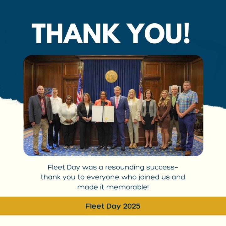 Picture depicts a graphic with blue and white background colors. The text at the top reads &quot;Thank You&quot;, a image is centered in the middle of the graphic of the DOAS Fleet Team, DOAS Commissioner and Deputy Commissioner. Governor Brian Kemp stands in the middle of the image holding the Fleet Day Proclamation with DOAS Fleet Management Director Jazzmin Randal. 