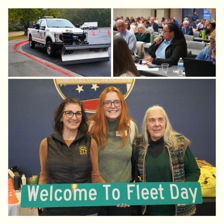 A three picture collage with two photos at the top and one across the bottom. Top left photo depicts a GDOT snow plow truck. Top right photo depicts woman holding microphone answering a question while seated in audience at Fleet Day. Photo at the bottom depicts three ladies holding a Street sign that reads &quot;Welcome to Fleet Day&quot;. 