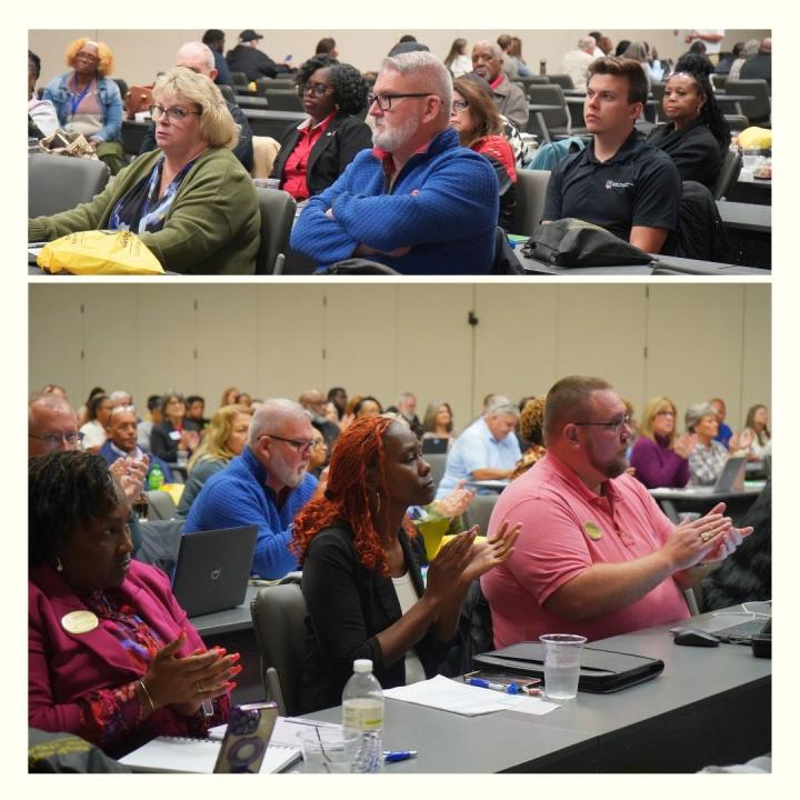 Photo Collage of two photos. The top photo depicts individuals sitting while listening to the speaker at Fleet Day. The bottom photo depicts individuals clapping in response to something presented at Fleet Day. 