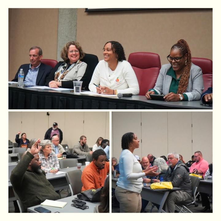 Picture collage of three images, one across the top and two at the bottom. The top photo depicts DOAS Fleet Management Director Jazzmin Randal sitting at a table with Fleet Managers for a panel discussion. All individuals in the photo are smiling. The bottom left photo depicts a individual raising his hand while seated at Fleet Day. The bottom right photo depicts Jazzmin Randal speaking to Fleet Managers at Fleet Day, she is standing, and individuals in the background can be seen listening. 