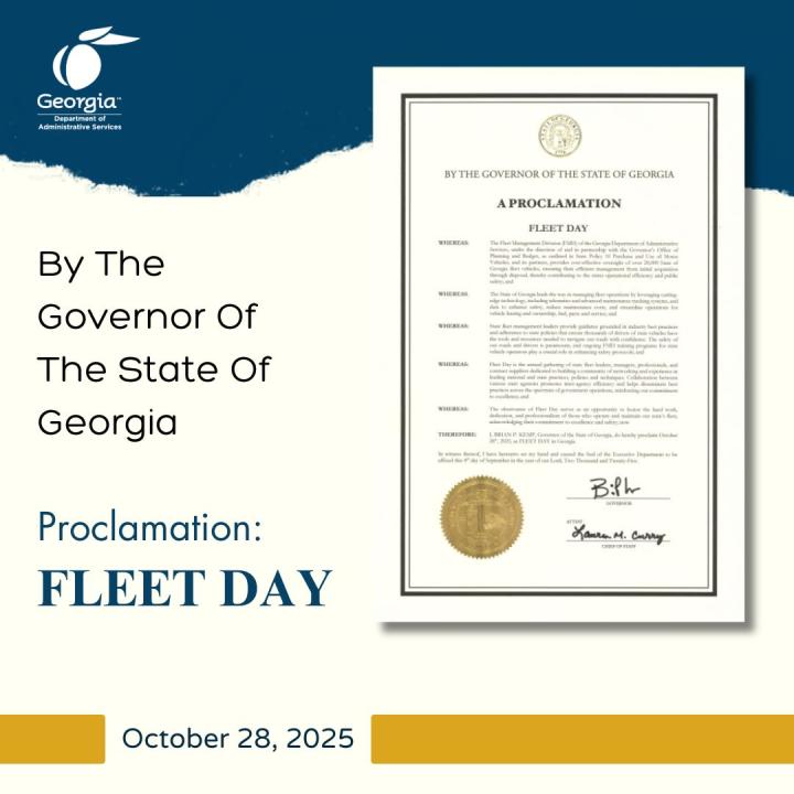 A graphic with a blue and white background. The graphic includes text to the left that reads &quot;By the Governor of the State of Georgia - Proclamation: Fleet Day&quot; The right side of the graphic shows a screenshot of the Fleet Day Proclamation by Governor Brian Kemp. 