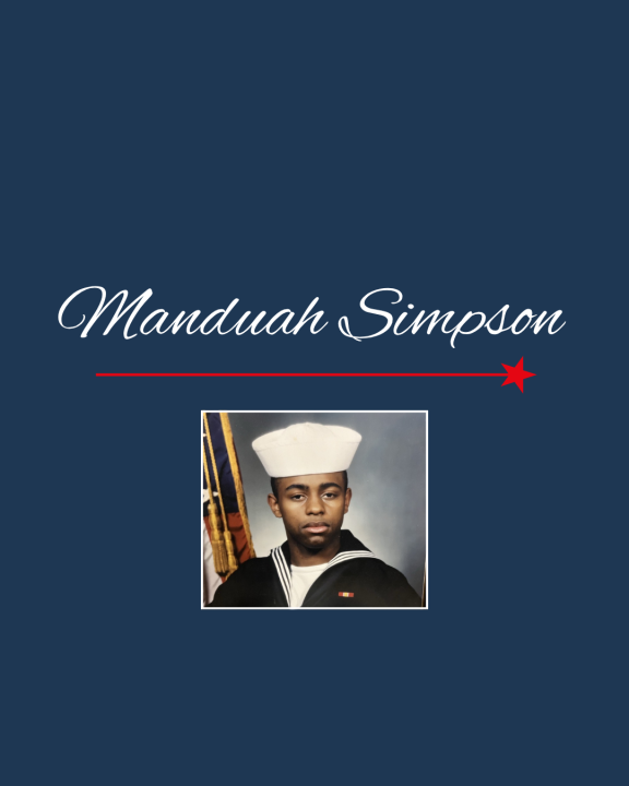 Image of the name Manduah Simpson in a white script on a blue background, above a photo of Manduah Simpson in a U.S. Navy uniform..