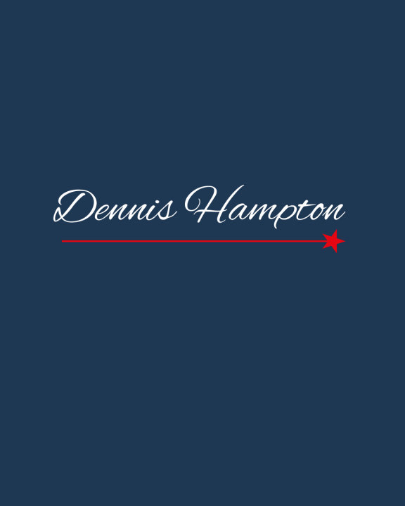 Image of the name Dennis Hampton in a white script on a blue background.