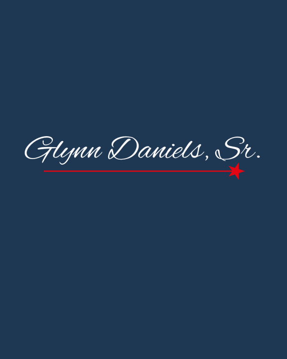 Image of the name Glynn Daniels, Sr.  in a white script on a blue background.
