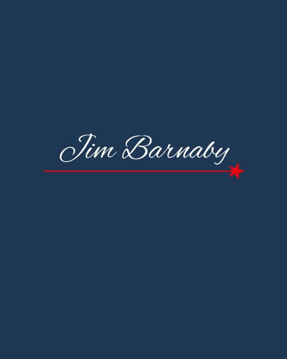 Image of the name Jim Barnaby in a white script on a blue background.