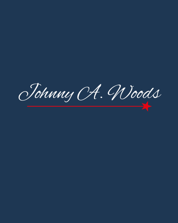Image of the name Johnny A. Woods in a white script on a blue background.