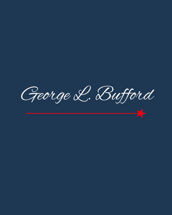 Image of the name George L. Bufford in a white script on a blue background.