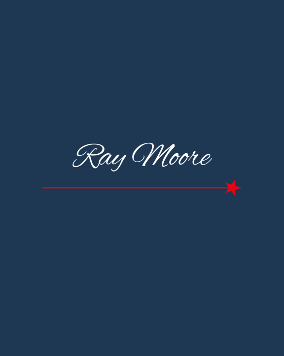 Image of the name Ray Moore in a white script on a blue background.