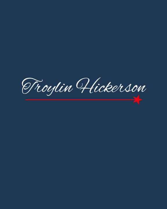 Image of the name Troylin Hickerson in a white script on a blue background.