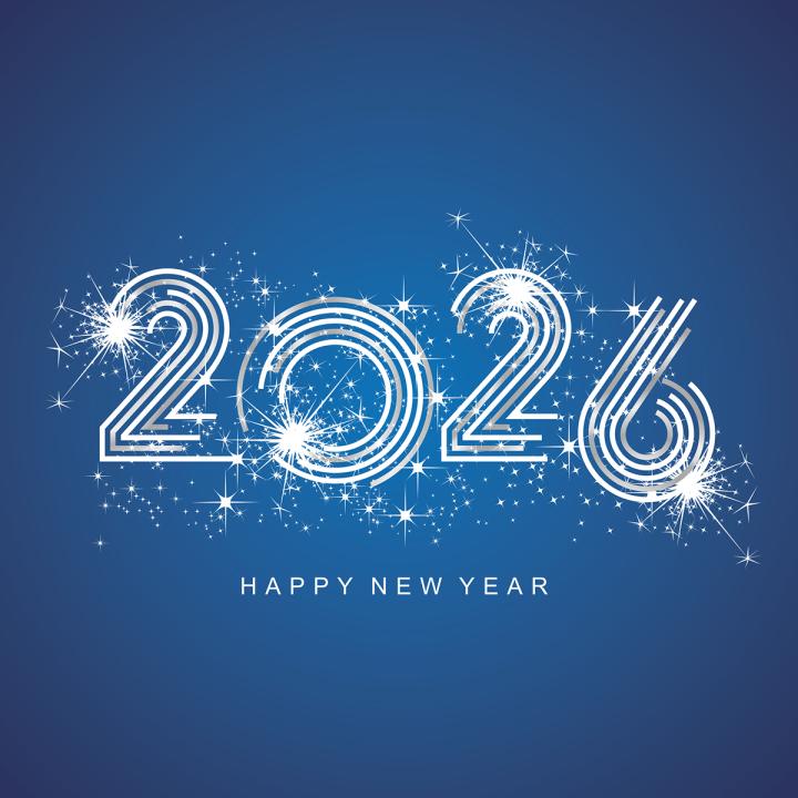 Illustration of the number &quot;2026,&quot; in sparkly white numerals on a medium blue background. The words &quot;Happy New Year&quot; appear in small type below the numerals.