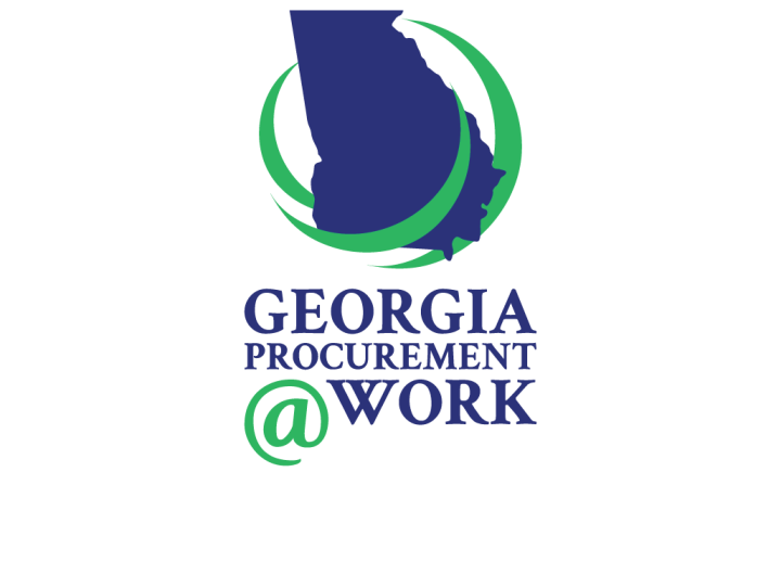 Icon of the state of Georgia in blue, surrounded  by the green swirly arcs. Below are the words, "Georgia Procurement @ WORK."