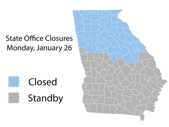 Image graphic of the state of Georgia showing office closures in the northern part of the state and offices on standby for closure in the southern portion of the state.