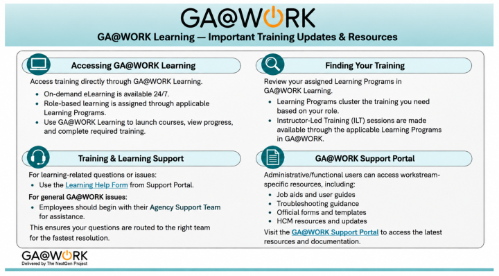 A training banner outlining important training updates. The banner advises employees to access GA@WORK Learning or utilize the support portal for additional resources.