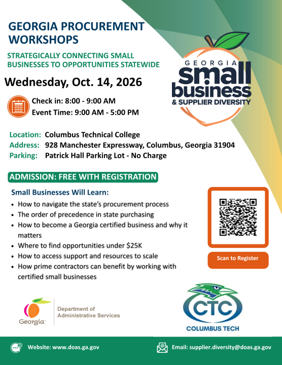 Georgia Procurement Workshops - Strategically Connecting Small Businesses to Opportunities Statewide flyer